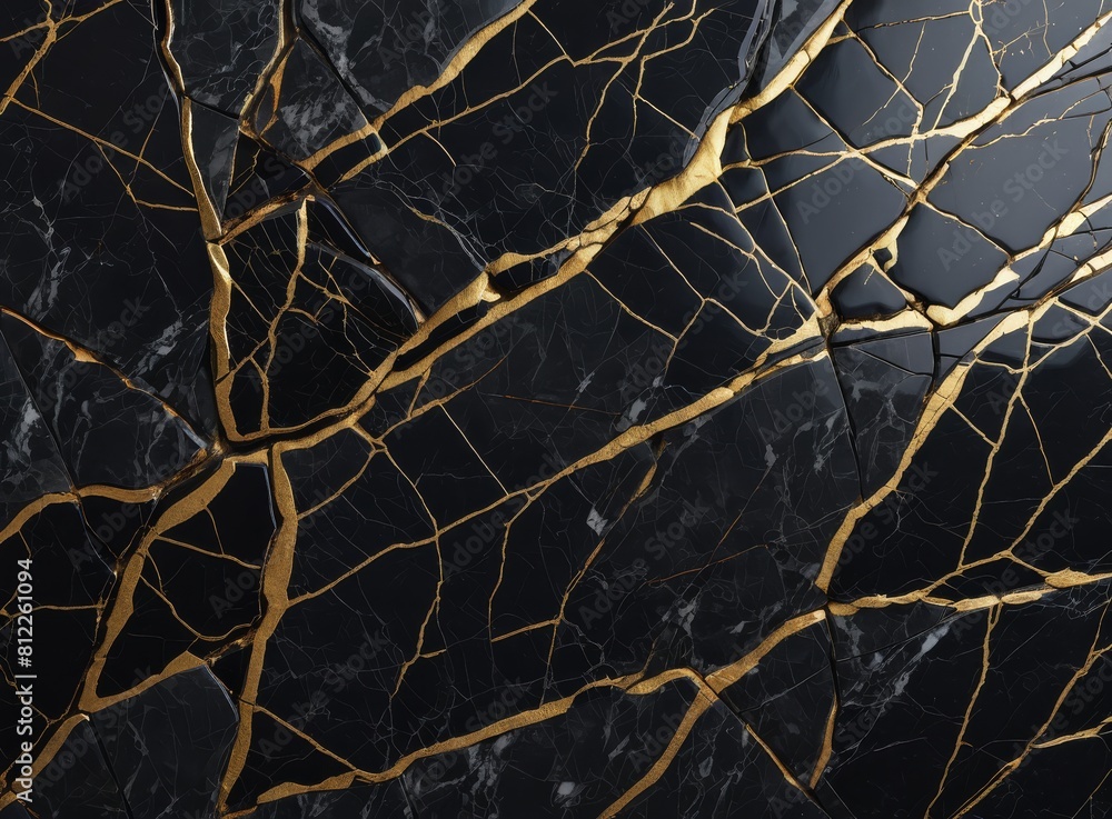 Background of black and grey marble with gold and cracks 