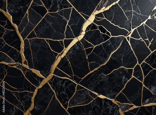 Background of black and grey marble with gold and cracks 