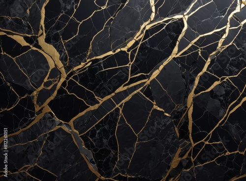 Background of black and grey marble with gold and cracks 