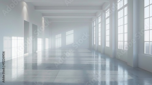 A long empty hallway with lots of windows and white walls  AI