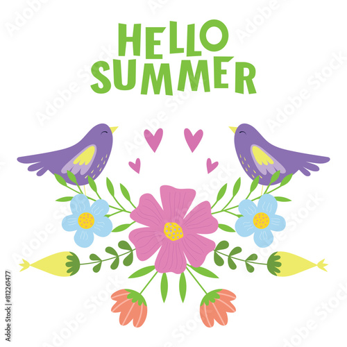 Hello summer. Flowers and birds. Isolated vector illustration on white background.