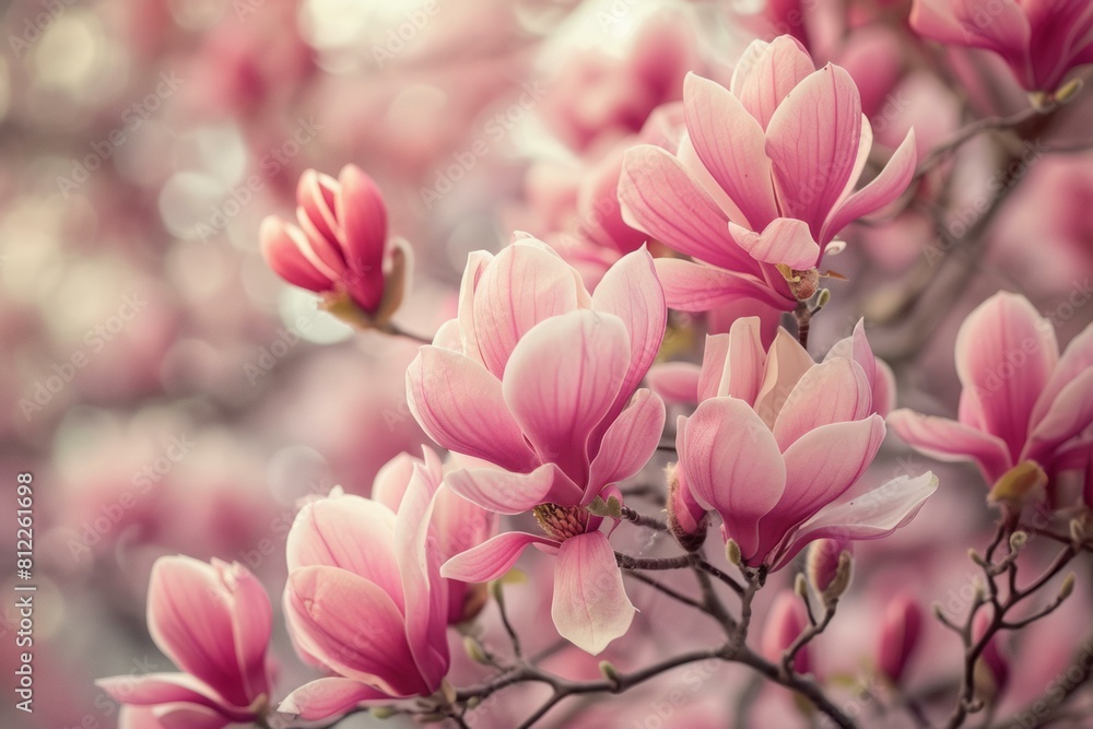 Stunning soft-focus image of pink magnolia flowers in full bloom Stunning soft-focus image of pink magnolia flowers in full bloom