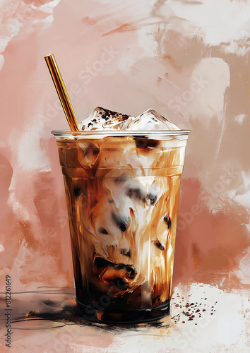 Glass of coffee with ice cream, whipped cream and chocolate syrup in tall glass with golden straw on pastel background. Drinks design project.