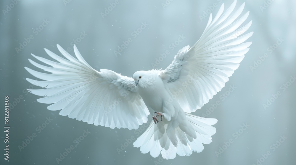 Fototapeta premium A white dove with wings spread in the air, AI
