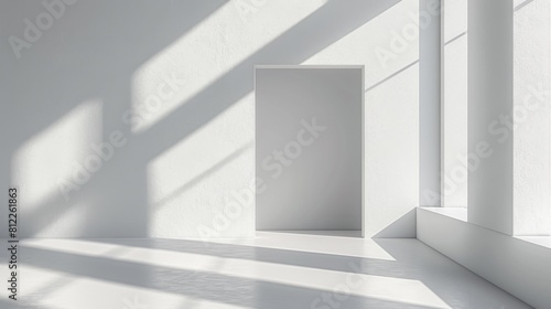 A white room with a door and window in the middle, AI