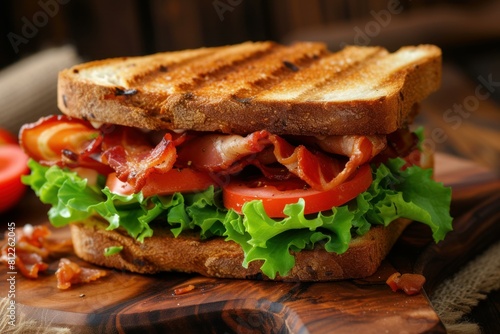 Close-up of a classic bacon, lettuce, and tomato sandwich served on toasted bread
