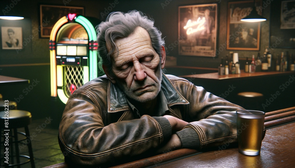 Fototapeta premium A man sits at a bar with a drink in front of him. He is wearing a leather jacket and he is in a sad mood