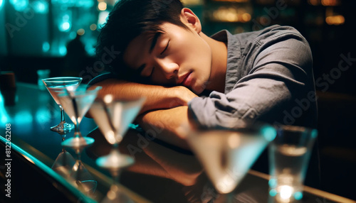 A man is sleeping on a bar counter with a few martini glasses and a bottle of liquor