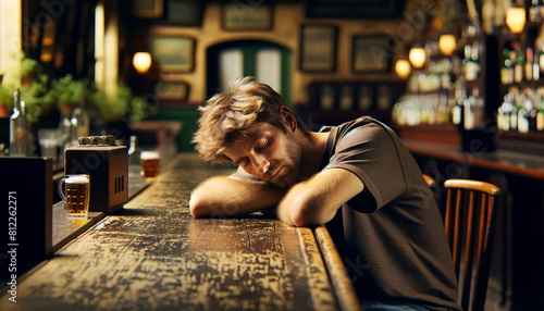 A man is sleeping on a bar counter. The bar has a few bottles and cups on it