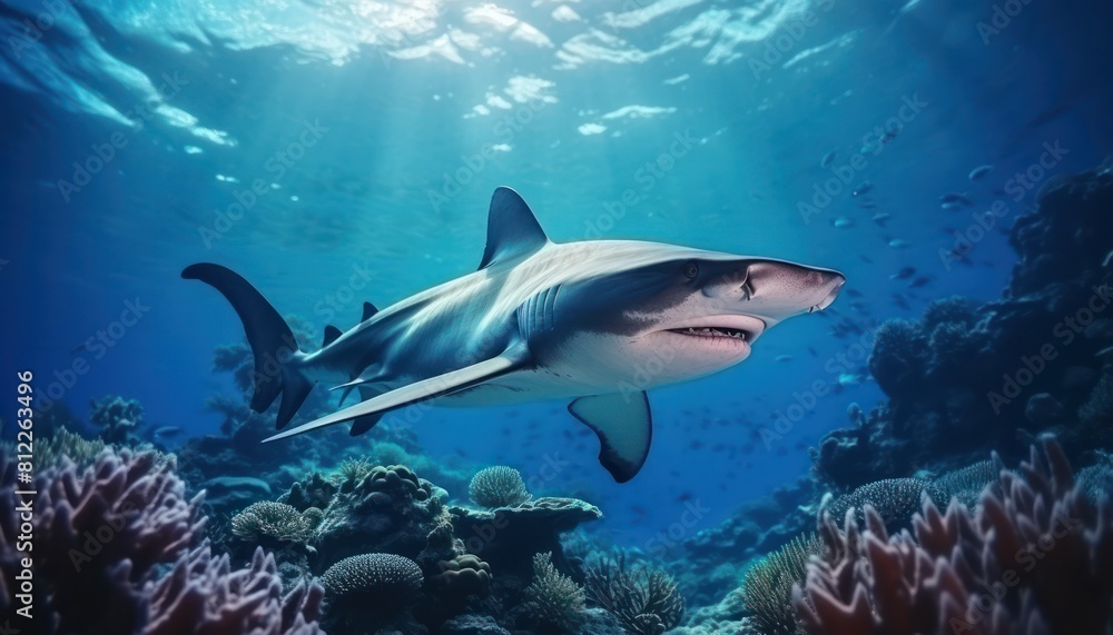 Great White Shark in the ocean, portrait of White shark hunting prey in the underwater Great White Shark in the ocean, portrait of White shark hunting prey in the underwater