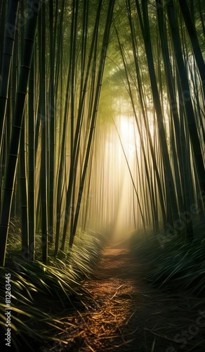 Imagine a mystical bamboo forest at dawn  with sunlight filtering through the canopy  casting enchanting shadows on the forest floor
