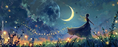 A crescent moon gently lighting the way for a fairy as she leads a procession of fireflies through a meadow