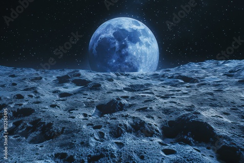 Breathtaking lunar landscape with earthrise and tranquil night sky. Captured in outer space by astro photography. Showcasing the desolate moon surface. Celestial craters. And moonrock. Astronomy