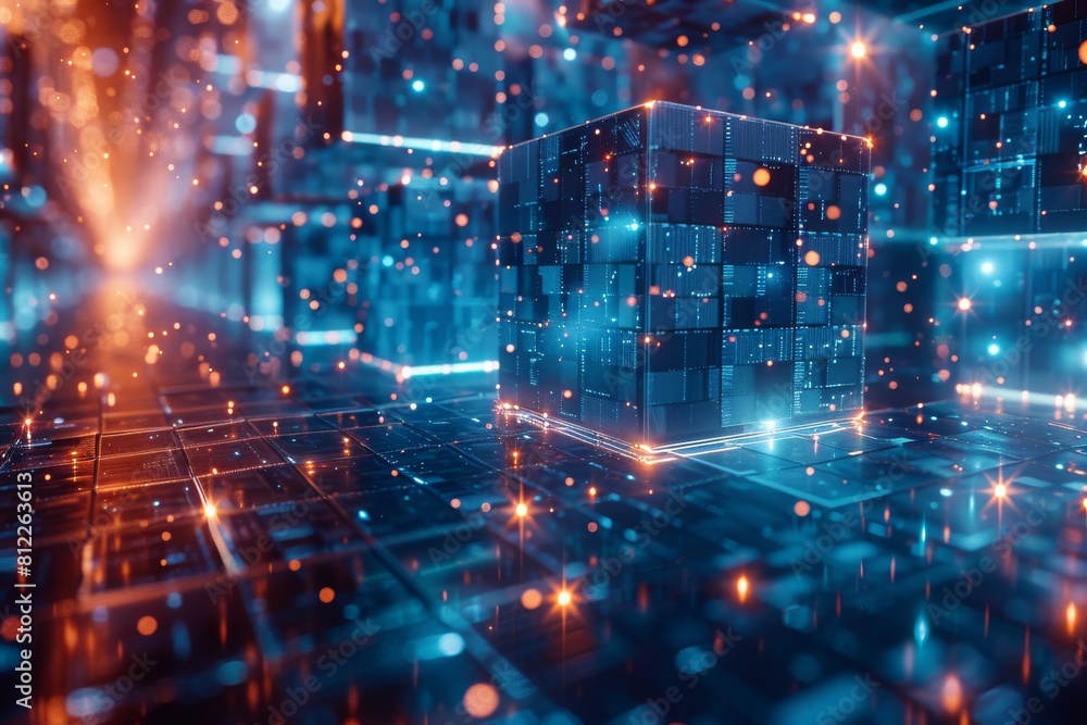 This visually striking image showcases a digital data cube glowing amidst a field of blue light, representing modern technology and data storage This visually striking image showcases a digital data cube glowing amidst a field of blue light, representing modern technology and data storage