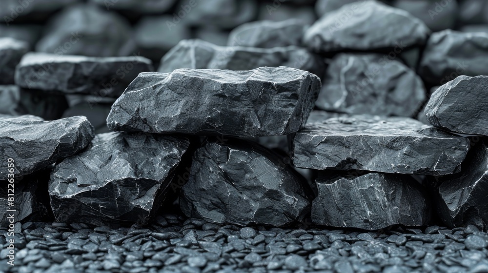 A pile of rocks and gravel on a black background, AI