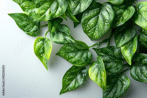 An overhead view of pothos plant leaves with white speckles demonstrating the natural variegation photo
