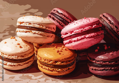 Pile of colorful macarons assorted on light pastel beige background. French pastry with different flavors. Culinary and cooking concept.