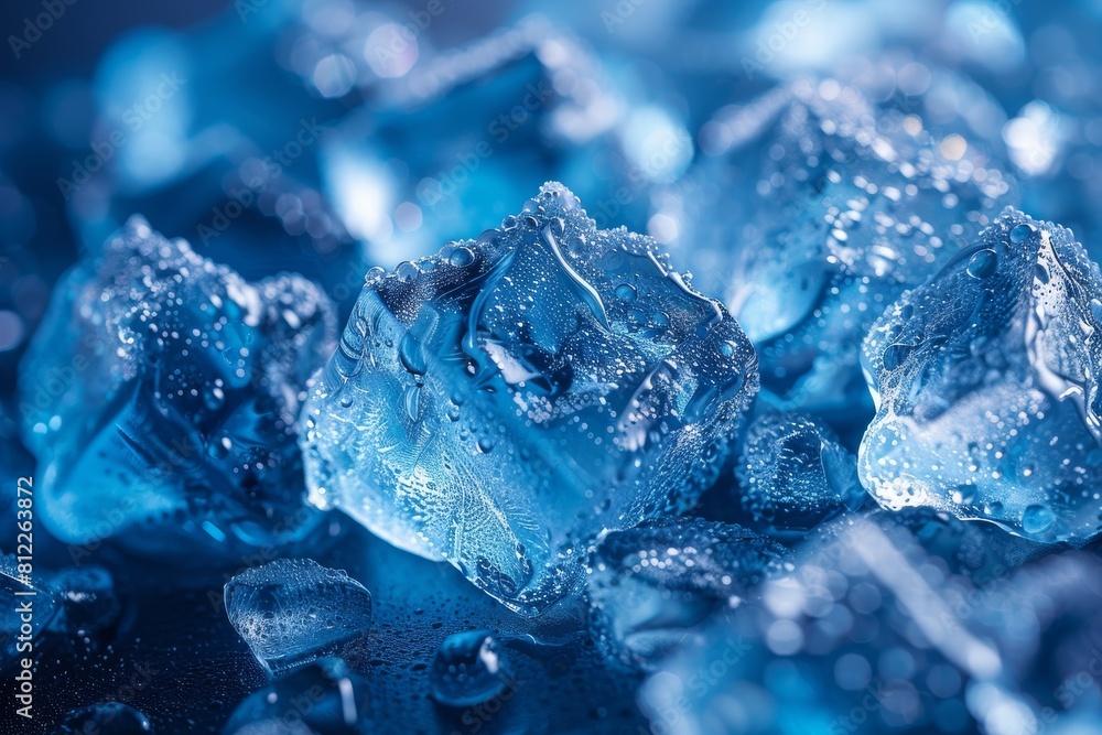 Detailed image of abstract blue ice formations sparkling with fresh water drops and a deep focus on texture Detailed image of abstract blue ice formations sparkling with fresh water drops and a deep focus on texture