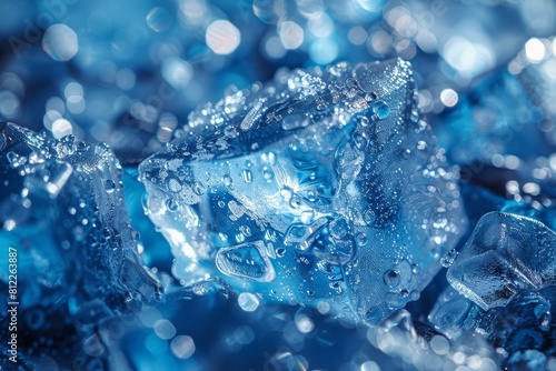 Detailed image capturing the intense blue hues of melting ice cubes with prominent droplets © Larisa AI
