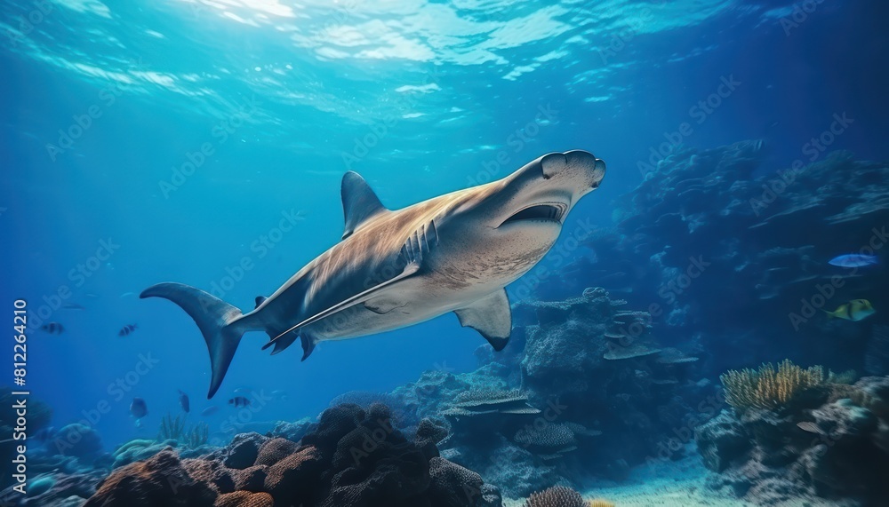 Fototapeta premium Great White Shark in the ocean, portrait of White shark hunting prey in the underwater