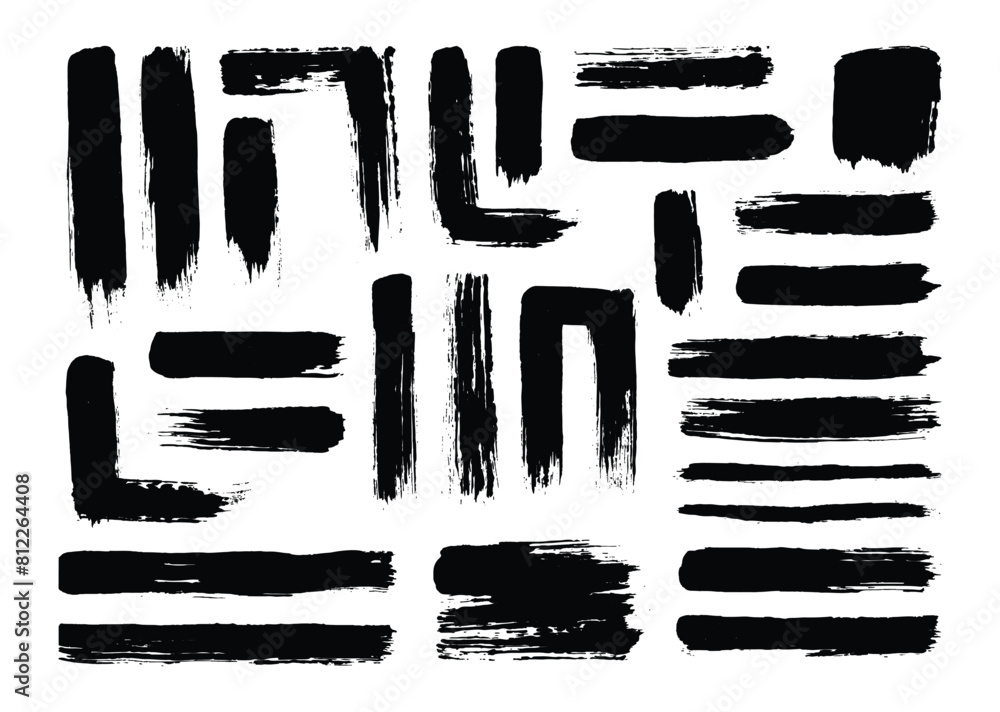 set of hand drawn strokes element set. Black paint brush strokes graphic layout bundle. Creative line shapes template. Artistic straight lines forms pack.