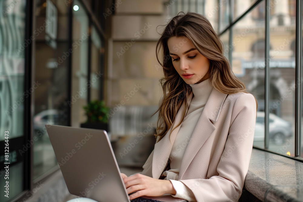 A woman is sitting on a bench and using a laptop A woman is sitting on a bench and using a laptop