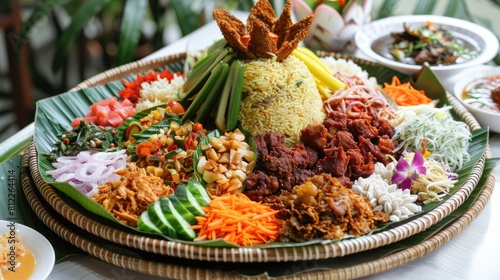 At birthday parties or Thanksgiving celebrations a vibrant spread of Nasi Tumpeng complete with fragrant cone shaped rice Indonesian urap urap salad crispy fried chicken and savory noodles  photo