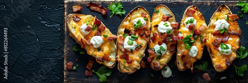 Potato skins with bacon, cheddar cheese, and sour cream, fresh food banner, top view with copy space photo