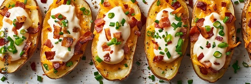 Potato skins with bacon, cheddar cheese, and sour cream, top view horizontal food banner with copy space photo