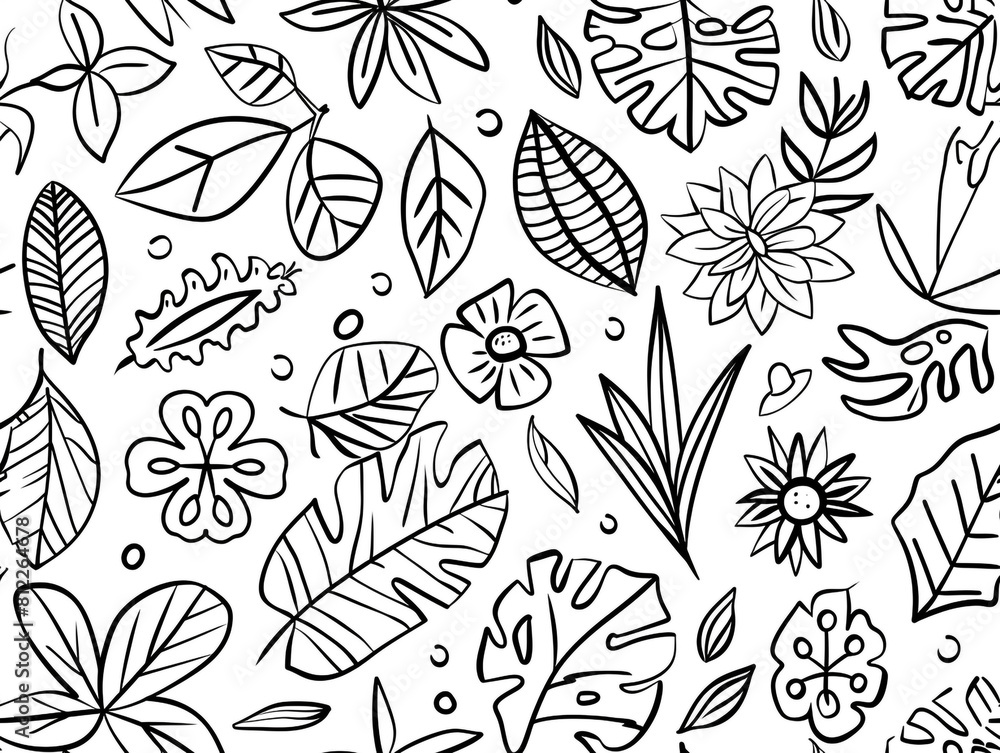 Fototapeta premium A black and white drawing of various leaves and flowers. Doodle and cartoon style. 