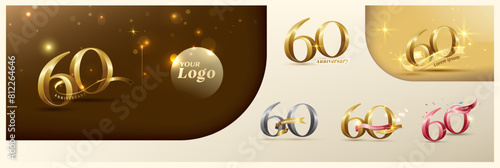 60th anniversary logotype modern gold number with shiny ribbon. alternative logo number Golden anniversary celebration