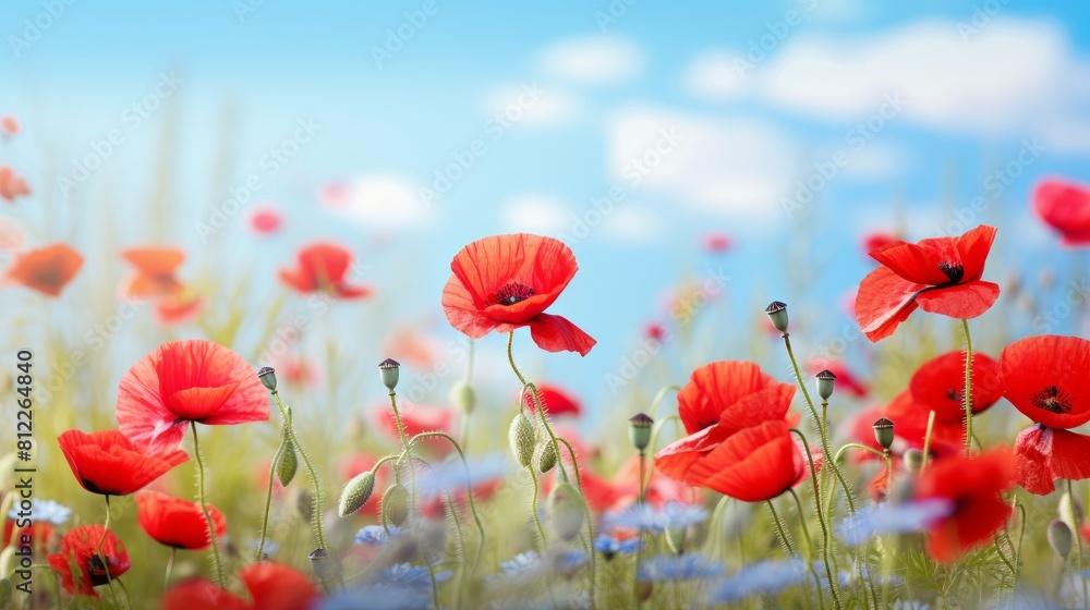 Fototapeta premium Beautiful closeup of poppies poppy Papaver rhoeas flowers in nature. Natural spring summer landscape with red poppies
