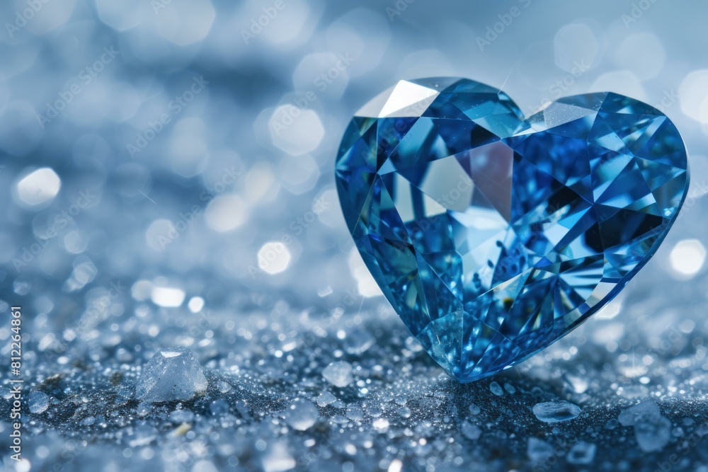 Radiant blue heart-shaped gemstone resting on a shimmering, dew-covered surface Radiant blue heart-shaped gemstone resting on a shimmering, dew-covered surface
