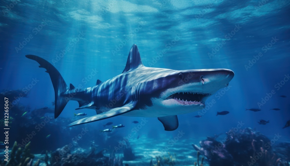 Fototapeta premium The great White Shark in the ocean, portrait of White shark hunting prey in the underwater