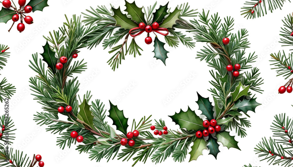 holly spruce mistletoe decoration wreath berries christmas chaplet watercolor holiday decor greenery floral jolly evergreen traditional illustration artwork design tradition template winter art