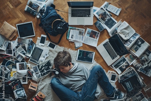 The top view of picture that about young scandinavian human that laying down and listening to the music and focused in the full of the thought and music with room that surrounded with devices. AIGX03. photo