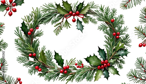 Obraz na płótnie holly spruce mistletoe decoration wreath berries christmas chaplet watercolor holiday decor greenery floral jolly evergreen traditional illustration artwork design tradition template winter art w salonie
