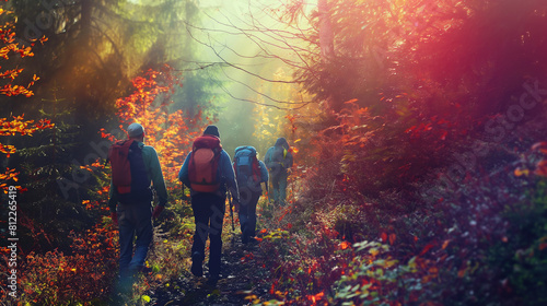 A group of hikers trekking through a colorful forest, hiking, hd, with copy space