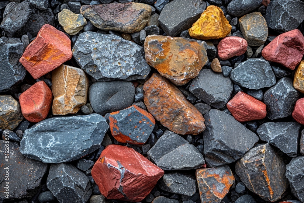 A close-up of multicolored rocks with various shapes, sizes, and textures A close-up of multicolored rocks with various shapes, sizes, and textures