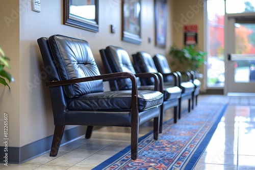A neat row of luxurious black leather chairs aligned against a wall with artwork in a corporate waiting area