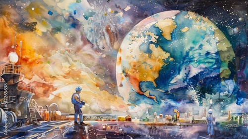 A vivid watercolor illustration depicting workers on a spacecraft with a large, colorful planet in the background