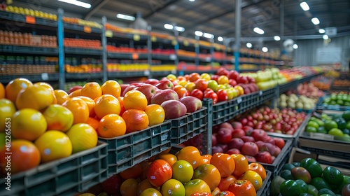 Variety of Fresh Fruits in Industrial Warehouse,An array of colorful fresh fruits displayed in crates inside a spacious industrial warehouse setting.

