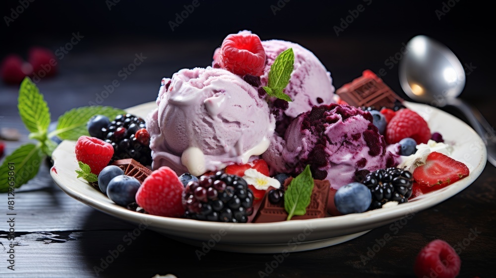 Ice cream with berries on a black background Ice cream with berries on a black background