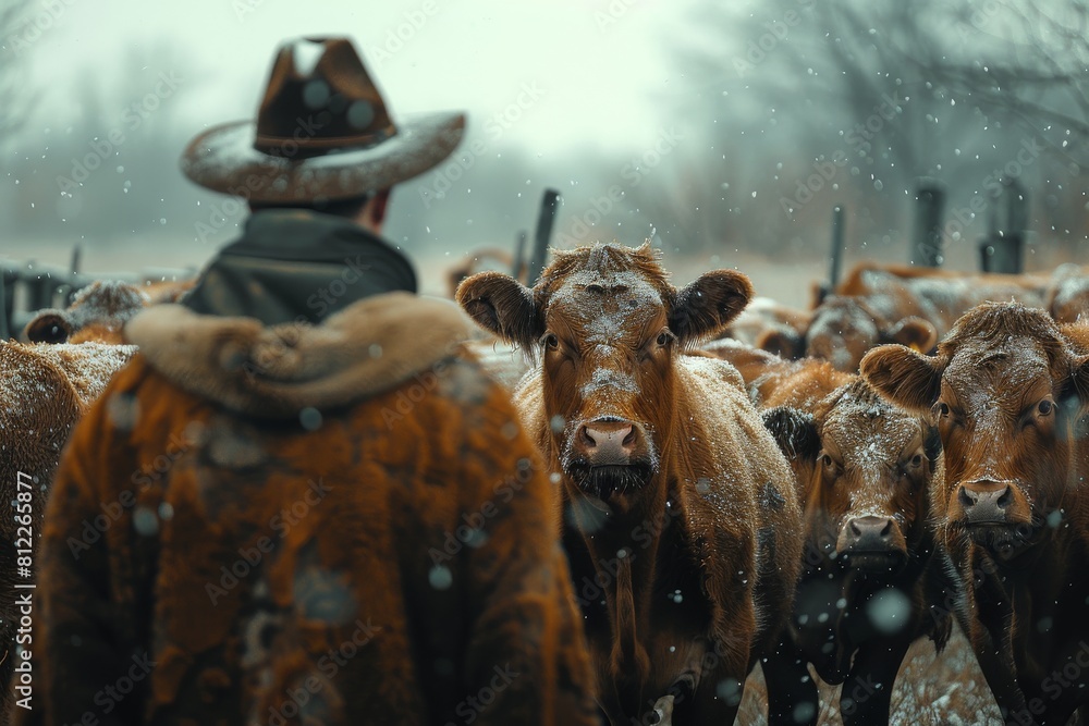A cowboy stands amidst a herd of cows on a snowy day, looking at the livestock A cowboy stands amidst a herd of cows on a snowy day, looking at the livestock