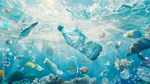 A captivating underwater scene showing the contrast of a diverse marine life coexisting with floating plastic pollution photo