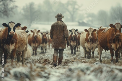 Shot from behind, a farmer walks away from a herd of cattle in a winter landscape photo