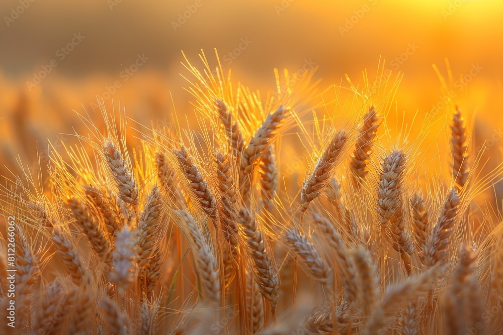 Fototapeta premium The image features close-up golden wheat ears with the warm light of the sunrise creating a backdrop