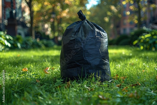 A black garbage bag is tied off and left on a grassy patch in a residential area, showcasing waste disposal photo