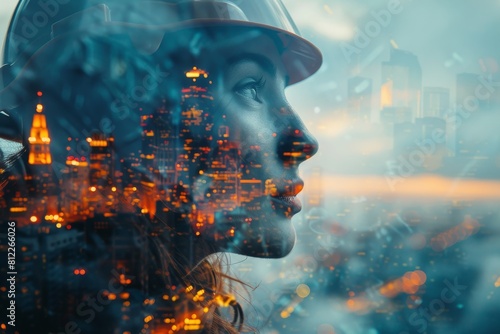 Abstract background blur of a city skyline and human figure sets a moody atmosphere
