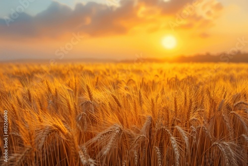 A beautiful golden wheat field bask in the warm light of a setting sun